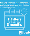 Graphic promoting 1-inch filter change every 3 months with Filtrete branding.