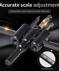 Heavy Duty Adjustable Circle Hole Cutter Saw Kit For Wood And Drywall Precision Dual Blade Drill Bit showing adjustable scale for precise cutting.