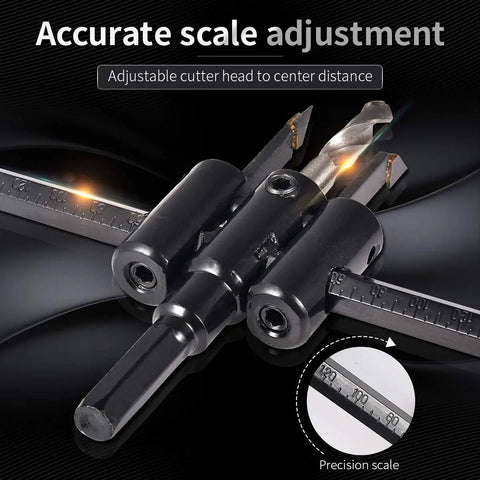 Heavy Duty Adjustable Circle Hole Cutter Saw Kit For Wood And Drywall Precision Dual Blade Drill Bit showing adjustable scale for precise cutting.