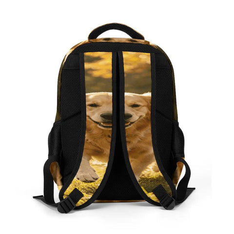 Back view of Autumn Running Golden Retriever Printed Backpack For Everyday Use Unisex Large Capacity Daypack with straps.