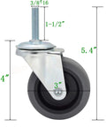 3-Inch Thermoplastic Rubber Caster Wheel With 3/8-16 Threaded Stem, 1-1/2 Inch Length, Heavy Duty Swivel Wheel dimensions view
