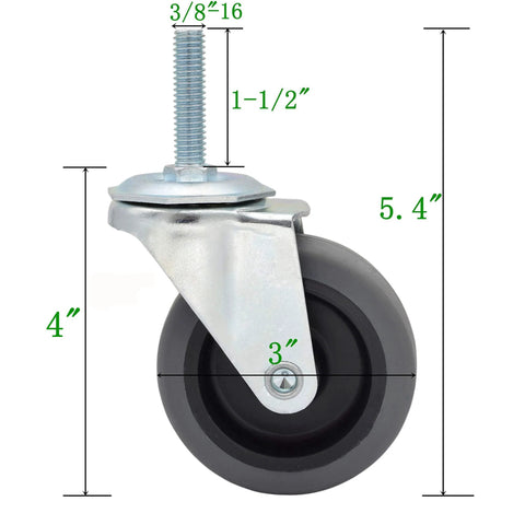 3-Inch Thermoplastic Rubber Caster Wheel With 3/8-16 Threaded Stem, 1-1/2 Inch Length, Heavy Duty Swivel Wheel dimensions view