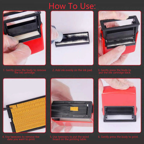 Compact Pro Grade Date Code Ink Stamp Tool With Solid Font Options For Industrial Control Supplies shown with ink pad setup and label printing