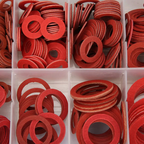 KickAss 600 Pieces Pro Grade Insulating Washers Assortment Kit With 12 Sizes Featuring Red Steel Paper Fiber Flat Rings Packed In A Box Built To Prevent Short Circuits To Keep All Safe During Repair Work Or Installation Tasks At Home Or Garage.