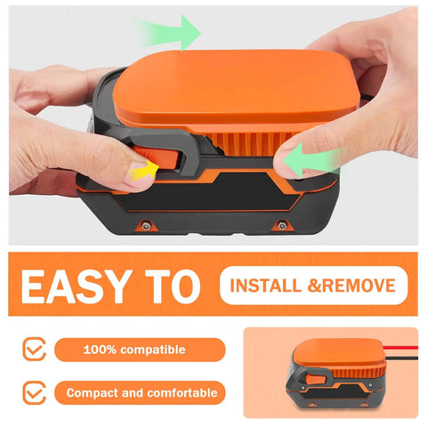 Hands inserting DIY Adapter for Ridgid 18V Hyper Battery Dock Power Connector for RC Cars, Trucks and eBikes with ease.