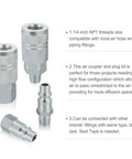 Heavy Duty 3 By 8 Inch High Flow Air Coupler And Plug Kit With 1 By 4 Inch NPT Threads Steel 9 Piece Air Compressor Hose Fittings Set For Beast Quick Connects And Locking Balls in silver steel with threaded design and text overlay.