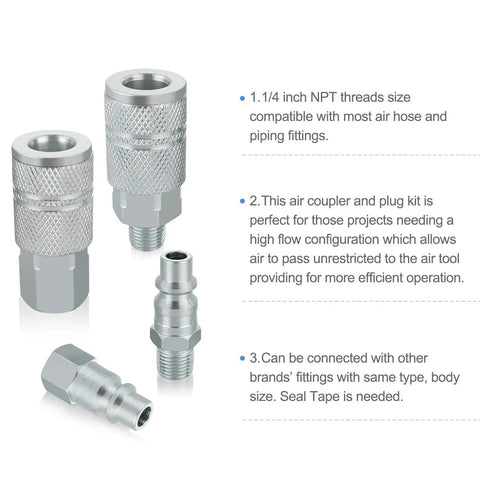 Heavy Duty 3 By 8 Inch High Flow Air Coupler And Plug Kit With 1 By 4 Inch NPT Threads Steel 9 Piece Air Compressor Hose Fittings Set For Beast Quick Connects And Locking Balls in silver steel with threaded design and text overlay.