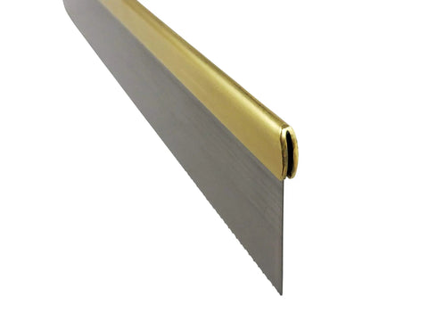 Kickass Eight Inch Dovetail Saw With Beefy Rolled Brass Back and Classic Walnut Grip, showcasing precision cut steel blade.