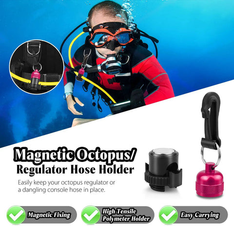 Diver using Magnetic Scuba Regulator Hose Holder For Octopus And Hose, Adjustable Tank Retainer Clip Attaches To Your BCD, Red 2 Pack