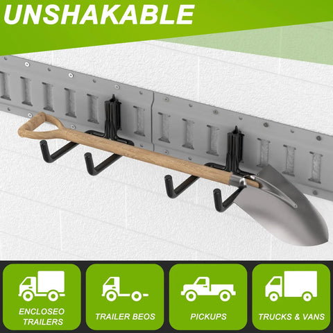 2 Pack E Track J Hooks Heavy Duty Steel E Track Double Hooks For E Track Systems holding a shovel in a garage setting