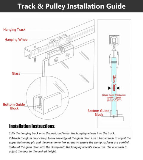 Diagram illustrating the installation of the Pro Grade Dual Soft Close Sliding Glass Door Track System For Frameless Bathroom Doors, Champagne Finish, 16.7ft Rail, Complete Sliding Barn Door Hardware Kit, Smooth Quiet Operation And Safe Pinch Guard.