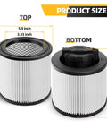 2 Pack DXVC4001 Replacement Filter size chart with measurements for 4 to 5 gallon wet dry vacuums, showing top and bottom view.