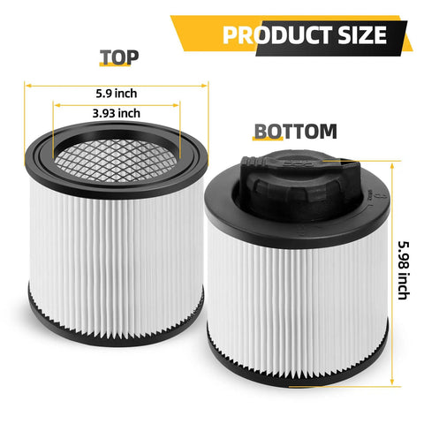 2 Pack DXVC4001 Replacement Filter size chart with measurements for 4 to 5 gallon wet dry vacuums, showing top and bottom view.