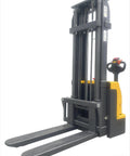 Premium Industrial Electric Pallet Stacker with adjustable forks for efficient warehouse lifting in tight spaces.