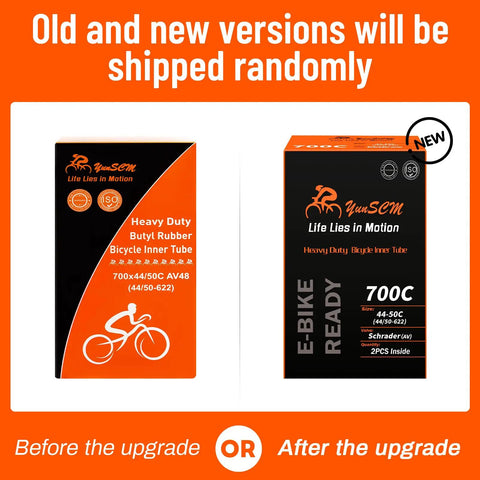 Heavy Duty 700C Bike Inner Tubes 44C To 50C AV48 Schrader Valve 2 Pack packaging before and after upgrade.