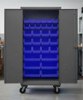 Top Shelf Industrial Rolling Steel Storage Cabinet Built Straight Up With Thirty Blue Sorting Bins Secure Locking Doors And Smooth Caster Wheels For Garage Organization, open view showcasing blue bins.