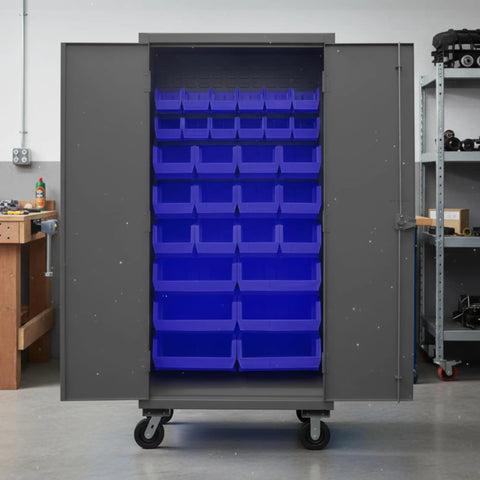 Top Shelf Industrial Rolling Steel Storage Cabinet Built Straight Up With Thirty Blue Sorting Bins Secure Locking Doors And Smooth Caster Wheels For Garage Organization, open view showcasing blue bins.