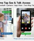 Slick Wifi Video Smart Lock With Integrated Camera And Audio Alert Hella Secure Fingerprint Keypad Setup For Zero Stress Front Door Entry Anytime At Home Or On The Go, showing a girl using doorbell and phone app.