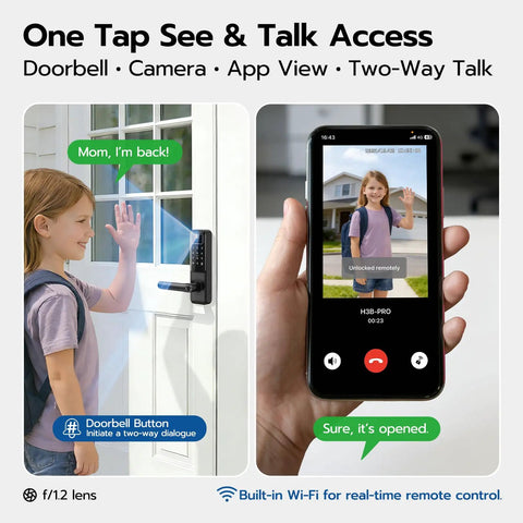 Slick Wifi Video Smart Lock With Integrated Camera And Audio Alert Hella Secure Fingerprint Keypad Setup For Zero Stress Front Door Entry Anytime At Home Or On The Go, showing a girl using doorbell and phone app.