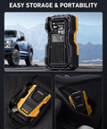 Dual Power Portable Tire Inflator With AC And DC Power, 150 PSI Max, LED Light shown in vehicle and storage compartments