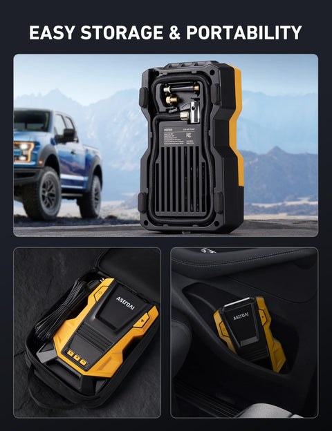 Dual Power Portable Tire Inflator With AC And DC Power, 150 PSI Max, LED Light shown in vehicle and storage compartments