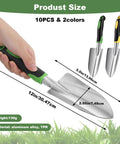 Hand holding heavy duty garden trowel from 10 Piece Go To Garden Trowel Set with soft TPR handles, aluminum alloy for digging and planting.