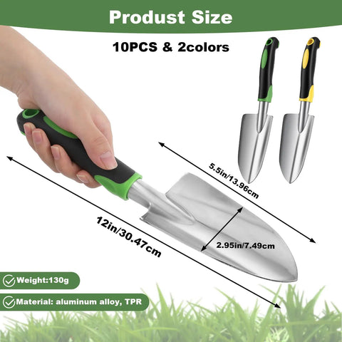 Hand holding heavy duty garden trowel from 10 Piece Go To Garden Trowel Set with soft TPR handles, aluminum alloy for digging and planting.