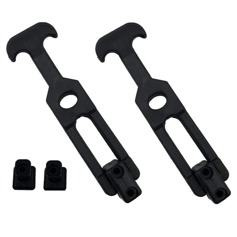 Front view of two black rubber 6.3in T-handle draw latches with mounting holes and two small clips.