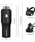 Built Tough 32 Oz Stainless Steel Water Bottle With Straw Cap And Wide Mouth Double Wall Vacuum Insulation, accessories included.