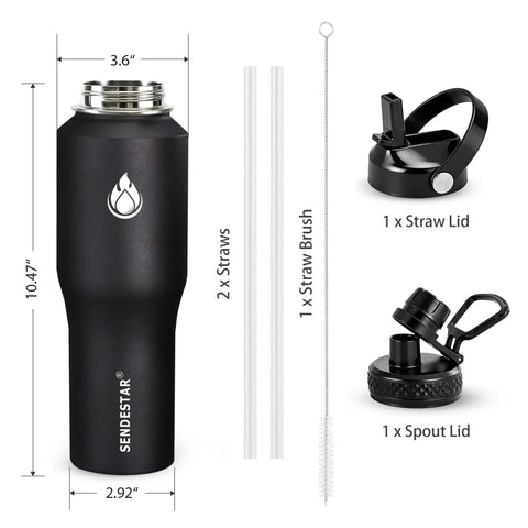 Built Tough 32 Oz Stainless Steel Water Bottle With Straw Cap And Wide Mouth Double Wall Vacuum Insulation, accessories included.