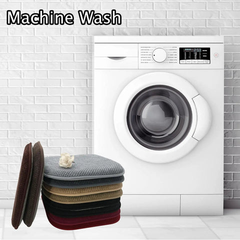 Stack of Brown U Shaped Foam Seat Cushions For Dining Chairs And Office 17 By 15 Inches in front of washing machine