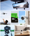 Collage of uses for Five 32GB Micro SD Cards With SD Adapters UHS I C10 U1 High Speed Memory Cards including cameras and drones.