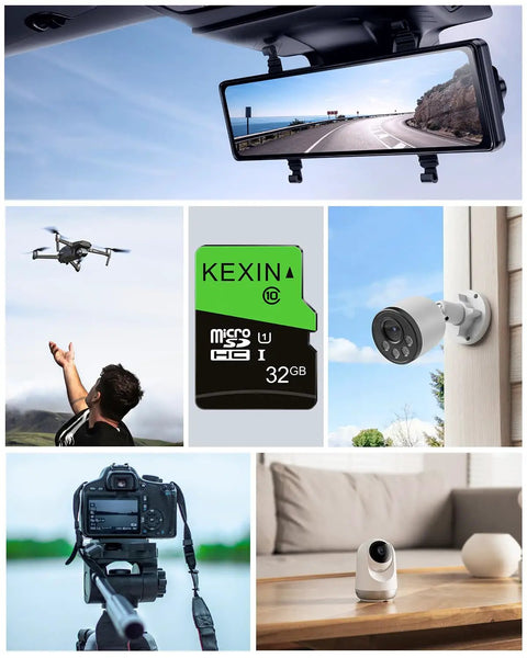Collage of uses for Five 32GB Micro SD Cards With SD Adapters UHS I C10 U1 High Speed Memory Cards including cameras and drones.
