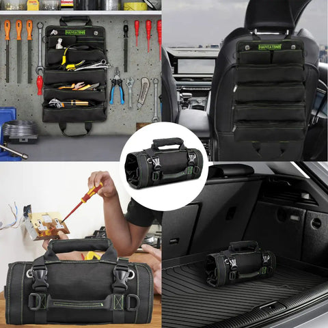 Heavy Duty Tool Roll Up Bag With Six Tool Pouches Built From 1000D X 1000D Fabric For Motorcycle And Truck Use Roll Up Organizer in use