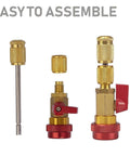 Air Conditioning Valve Core Remover And Installer Tool Set For R134A And R1234YF, showing valves and fittings with assembly text