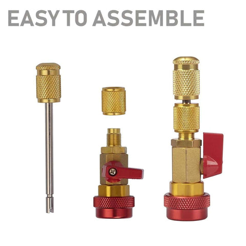 Air Conditioning Valve Core Remover And Installer Tool Set For R134A And R1234YF, showing valves and fittings with assembly text