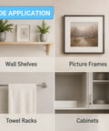 Image showing wall shelves, picture frames, towel racks, and cabinets illustrating uses for All In One 130 Piece Drywall Anchors And Screws Kit With 6 Sizes Plastic Wall Anchors And Phillips Flat Head Wood Screws For Easy Peasy Picture Hanging And Art Decor Mounts Heavy Duty Secure Fix.