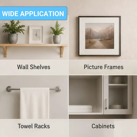 Image showing wall shelves, picture frames, towel racks, and cabinets illustrating uses for All In One 130 Piece Drywall Anchors And Screws Kit With 6 Sizes Plastic Wall Anchors And Phillips Flat Head Wood Screws For Easy Peasy Picture Hanging And Art Decor Mounts Heavy Duty Secure Fix.