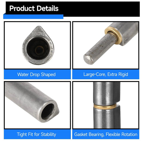 Close-ups of 5 Pack Weld On Water Drop Gate Hinges For Doors And Fences, Built Tough Steel with Gray Finish and Copper Pad details.