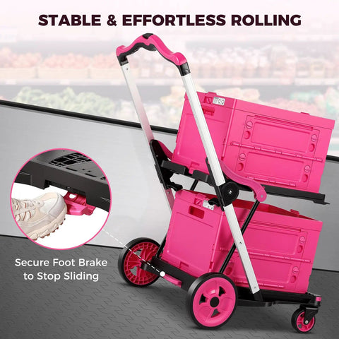 Collapsible Shopping Cart Platform Hand Truck With One Button Fold Adjustable Handle From 90 To 135 Degrees 2-Tier Storage