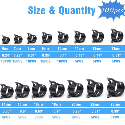 100Pcs Spring Band Hose Clamp Kit 6 to 25mm displayed in various sizes and quantities