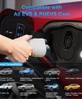 Portable Level 1 And 2 Ev Charger Cord 3.84Kw Fast Charge With 23Ft Heavy Duty Cable connecting to EV charging port.