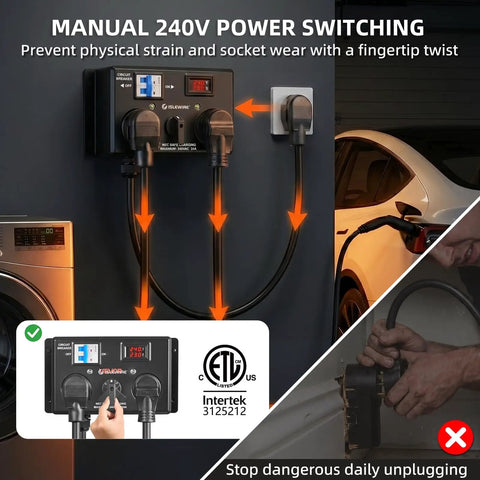 Manual Electric Vehicle Charging Switch For Dryer And Daily Charger, 24Amp 240V Power Splitter with circuit breaker and LCD screen.