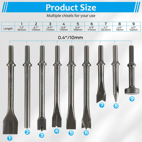 Nine Piece Pneumatic Air Hammer Chisel Set With Heat Treated Carbon Steel Bits displayed with sizes and shapes for masonry work