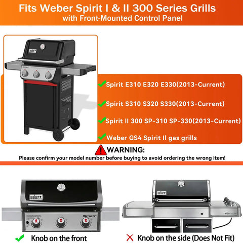Flavorizer Bars And Grill Burner Replacement Kit For Weber Spirit II 300 Series Grills compatibility chart and grill image.