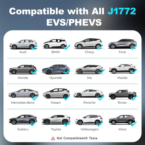 Image showing cars compatible with the Rock Solid Level 1 And 2 EV Charger Featuring 16 Amp 3.5 Kw Quick Charge.