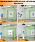 Heavy Duty Golf Driving Cage With 1 Inch Steel Frame For Backyard Garage And Indoor Simulator Noise Reduction Design 10x10x10 Ft Open Bottom Hitting Net With High Density Tear Resistant Netting in use for indoor practice with golfer in different strokes.