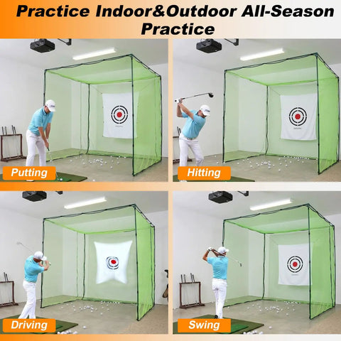 Heavy Duty Golf Driving Cage With 1 Inch Steel Frame For Backyard Garage And Indoor Simulator Noise Reduction Design 10x10x10 Ft Open Bottom Hitting Net With High Density Tear Resistant Netting in use for indoor practice with golfer in different strokes.