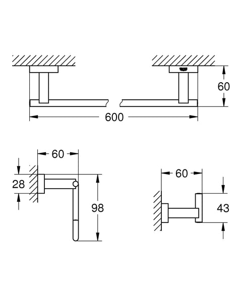 Technical drawing of Essentials Cube 3-in-1 Bathroom Accessory Set In Polished Chrome, Metal Build With No Visible Screws, dimensions shown