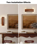 Feasey Set of 2 Walnut Wood Wall Sconce, Vintage Wall Mounted Light Fixture displayed in horizontal and vertical orientations.